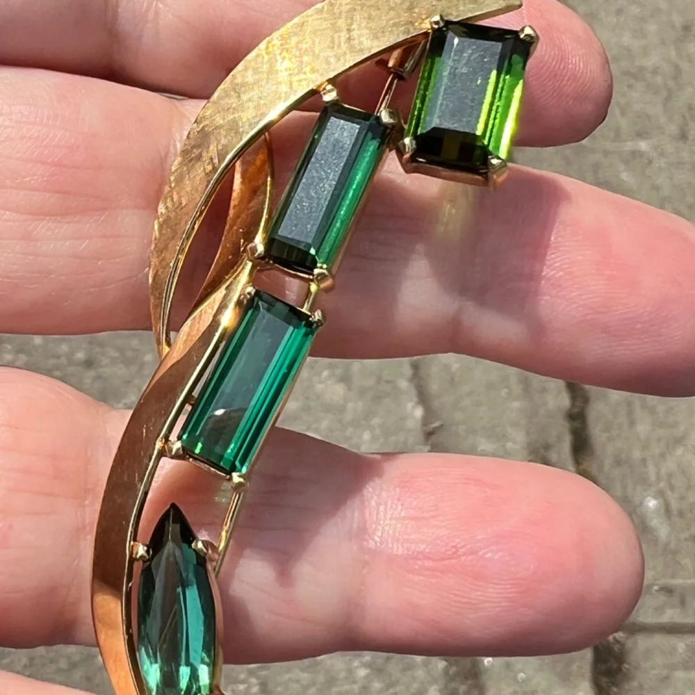 VINTAGE 18K GOLD CUSTOM LARGE GREEN TOURMALINE PIN BROOCH STATEMENT FLORENTINE